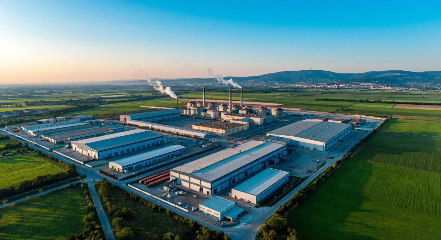 Aerial view of six sprawling industrial zones in Çorlu, Turkey, with factories, warehouses, and smokestacks under a clear blue sky, surrounded by green fields and distant hills.