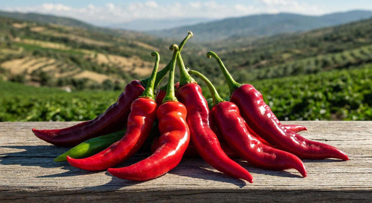 A vibrant display of three distinct Turkish chili peppers—deep red Samandağ peppers with pointed tips, fiery red Maraş peppers, and slightly sweet Çermik peppers—arranged on a rustic wooden table against a sunlit backdrop of rolling Anatolian hills.