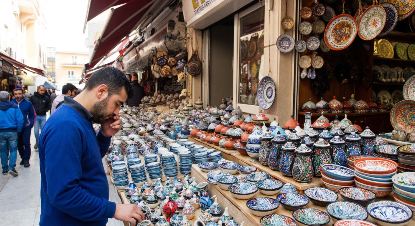 A Turkish shopkeeper in a bustling bazaar carefully arranging colorful handmade ceramics while thoughtfully considering how to describe their craftsmanship to potential buyers.