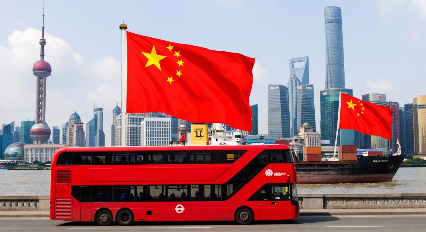 A cargo ship sailing past Shanghai's skyline with Chinese flags, juxtaposed with a red double-decker bus in London carrying freight boxes.