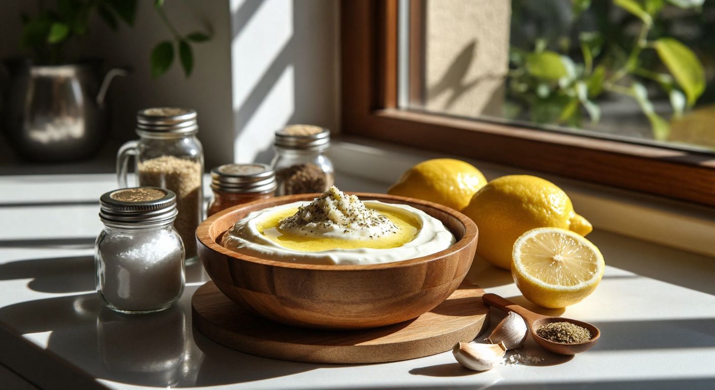 A Turkish kitchen counter with a wooden bowl filled with creamy white yogurt, golden tahini, crushed garlic, lemon halves, and small spice jars of cumin, black pepper, and salt, all bathed in warm sunlight.