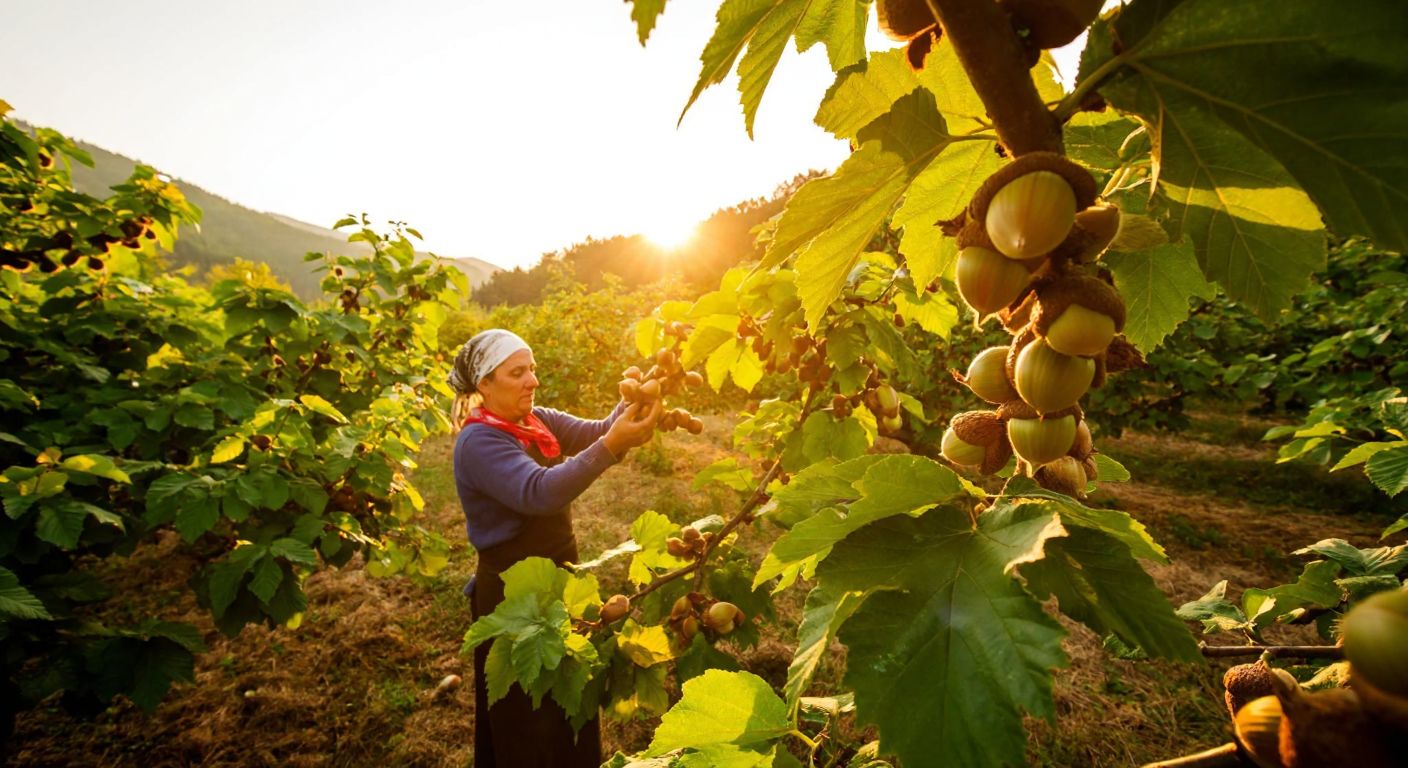 A lush green orchard in Turkey's Black Sea region, with clusters of hazelnuts hanging from branches under a golden sunset, and a farmer in traditional attire carefully harvesting them.