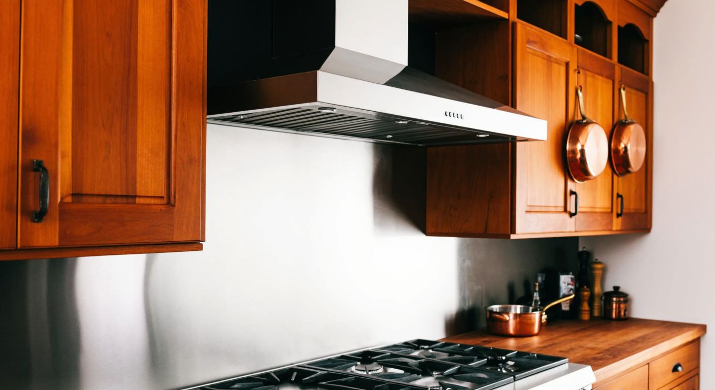 A sleek stainless steel range hood cabinet with a modern design, mounted above a stovetop in a Turkish kitchen with warm wooden cabinetry and copper pots hanging nearby.