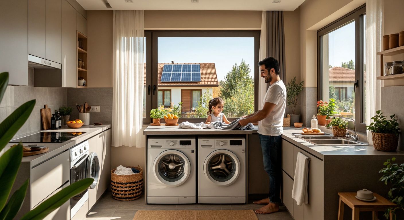 A modern Turkish home kitchen with a solar panel system outside the window, a washing machine running quietly in the corner, and a family smiling as they fold freshly washed clothes.