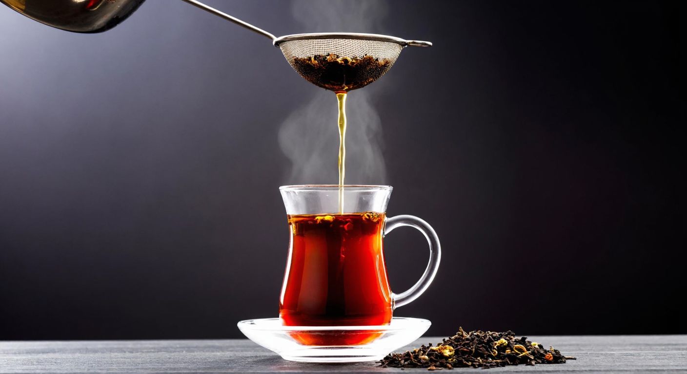 A steaming glass of freshly brewed Turkish tea with a fine metal strainer hovering above it, catching the dark tea leaves as golden liquid pours through.