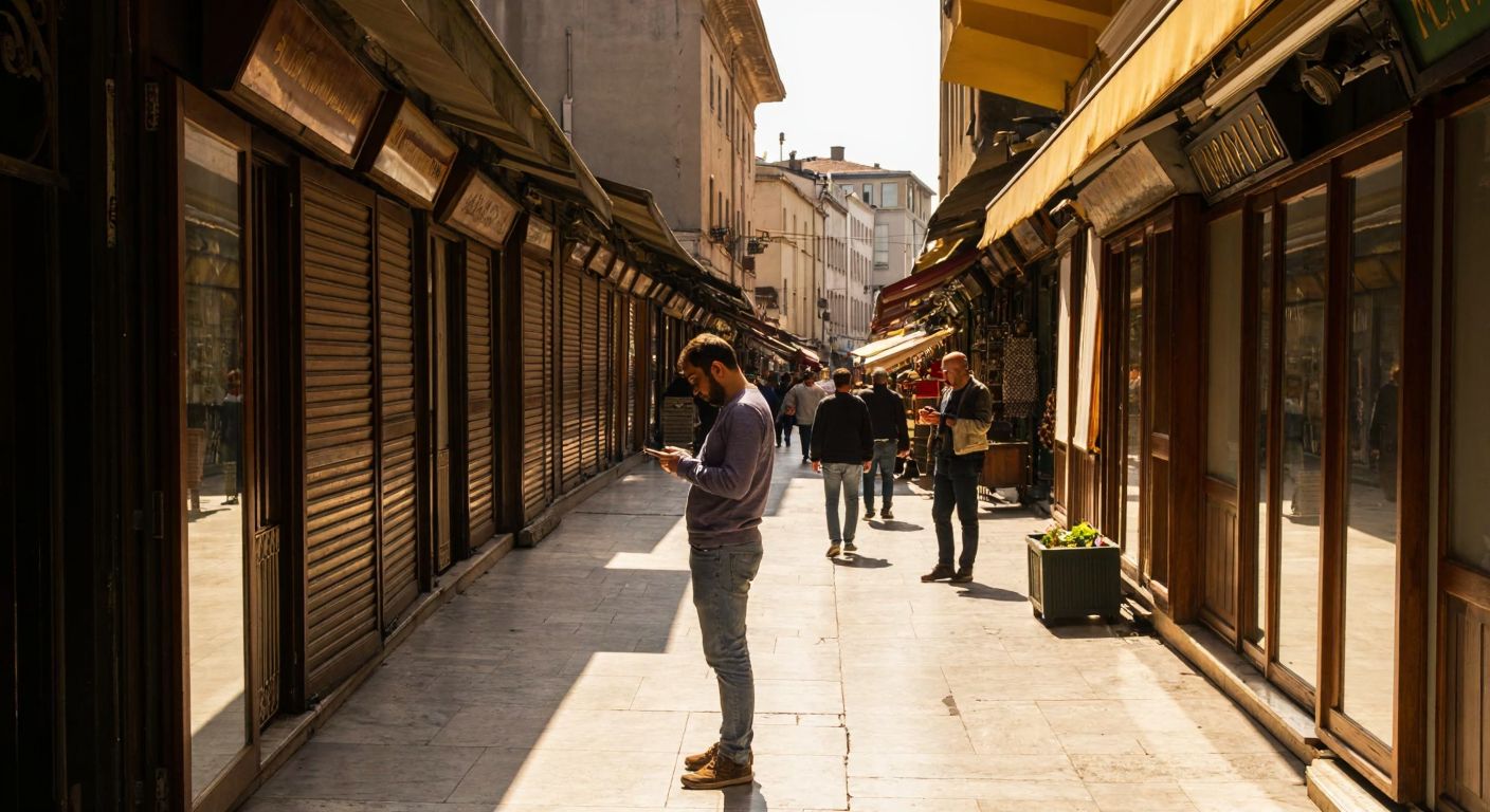 A bustling historic bazaar in Istanbul with closed wooden shutters and empty stalls under warm sunlight, while a disappointed visitor in casual clothing stands outside glancing at their phone.