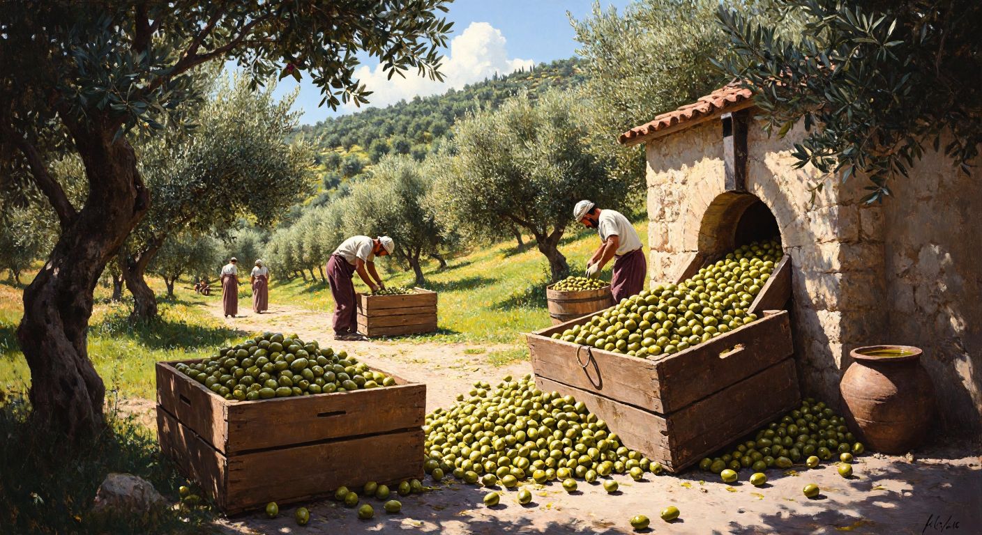 A sunlit olive grove in Turkey with workers harvesting ripe olives, a rustic wooden crate filled with golden-green olives, and a traditional stone mill pressing them into fresh olive oil.