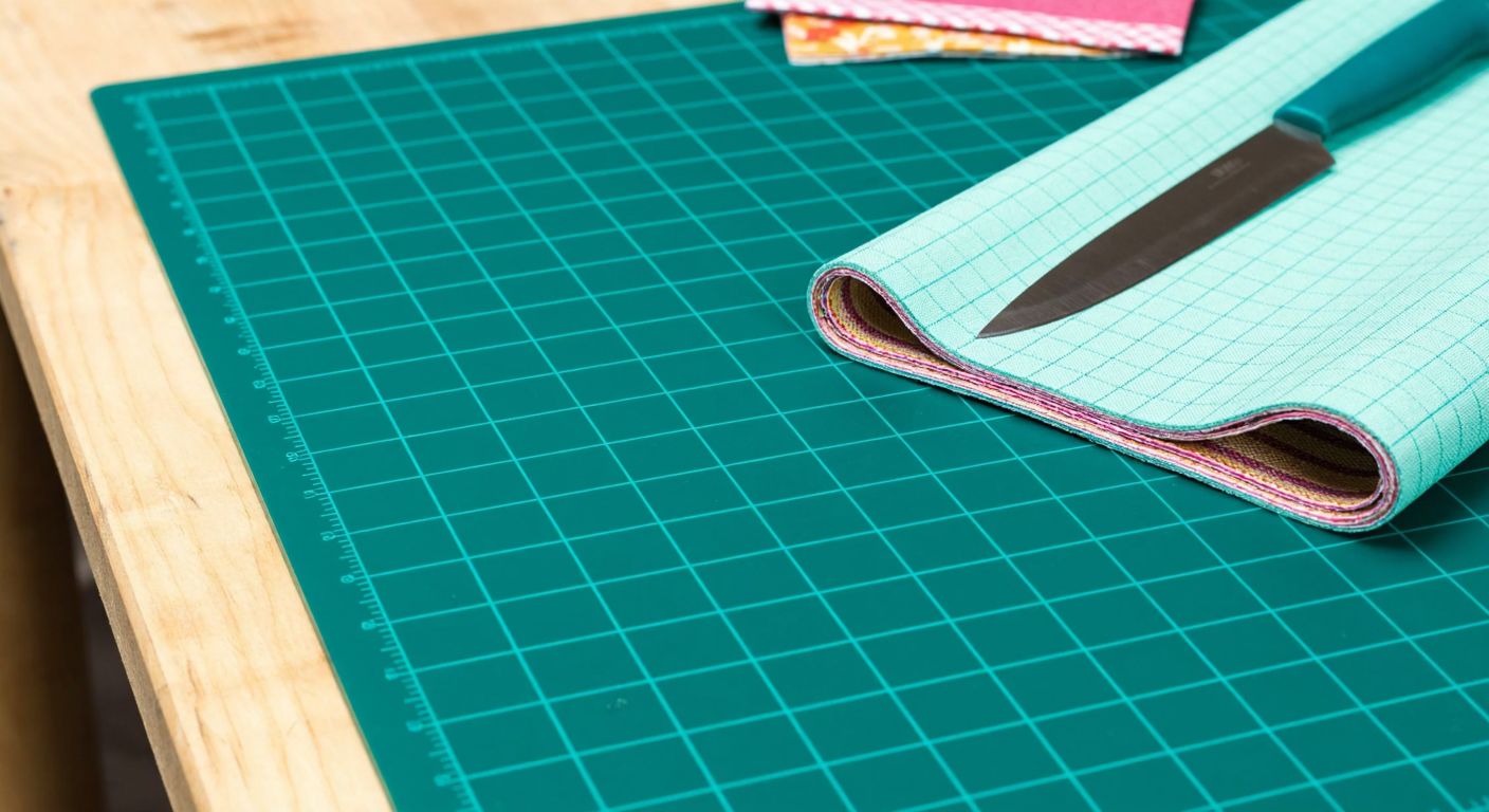 A close-up of a green self-healing cutting mat with grid lines, placed on a wooden workbench, with a sharp craft knife carefully slicing through a piece of colorful fabric on top.