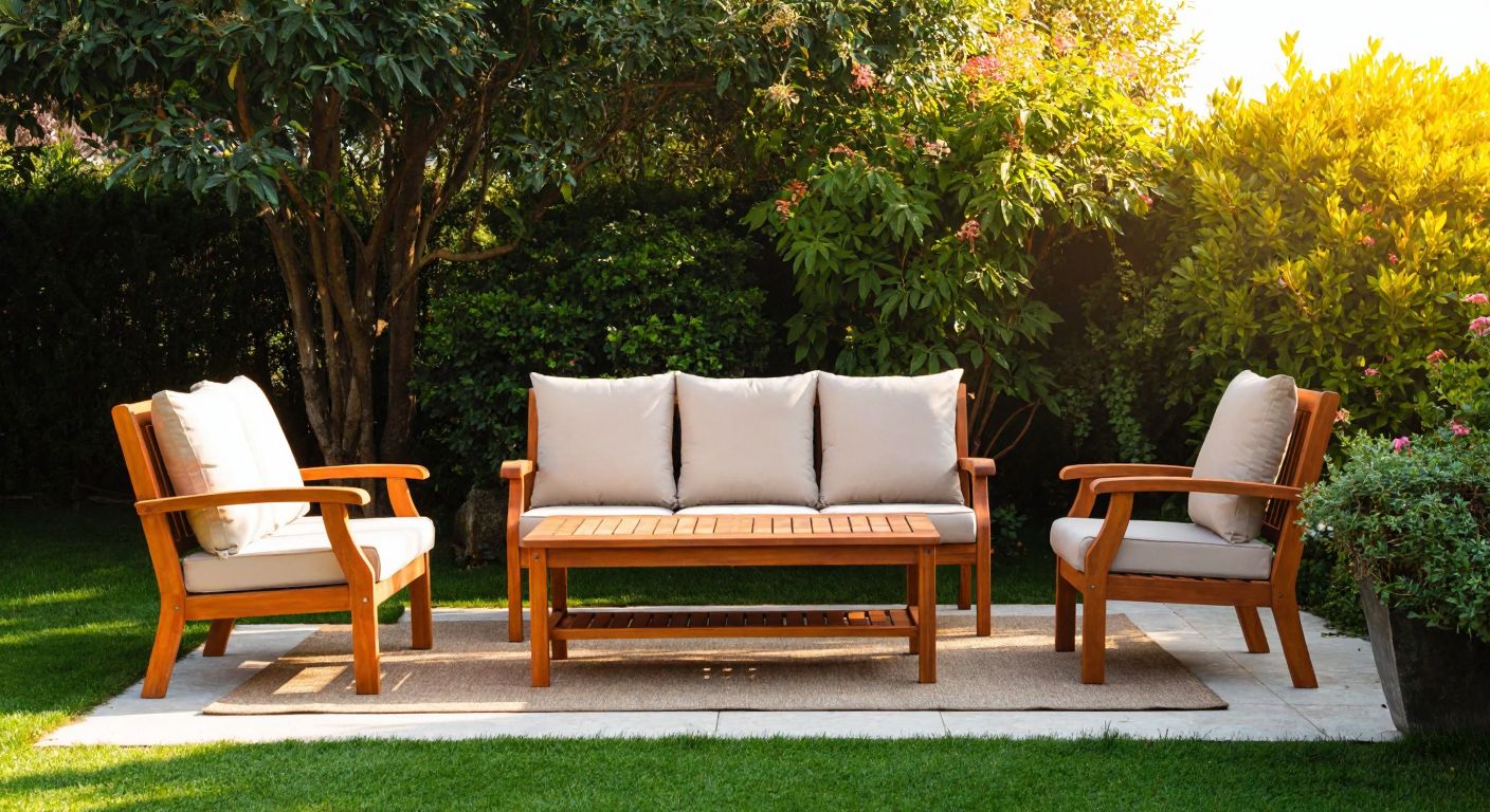 A cozy outdoor setting in Turkey with stylish, durable wooden garden furniture from Smyrna Garden, surrounded by lush greenery and warm sunlight, evoking comfort and quality.