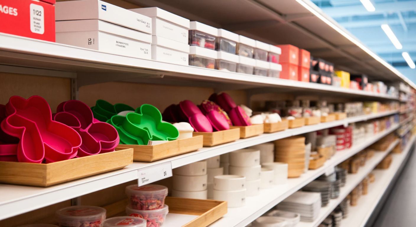 A bright, modern IKEA store aisle with neatly displayed colorful cookie cutters in various shapes, including hearts and stars, arranged on a wooden shelf under warm lighting.
