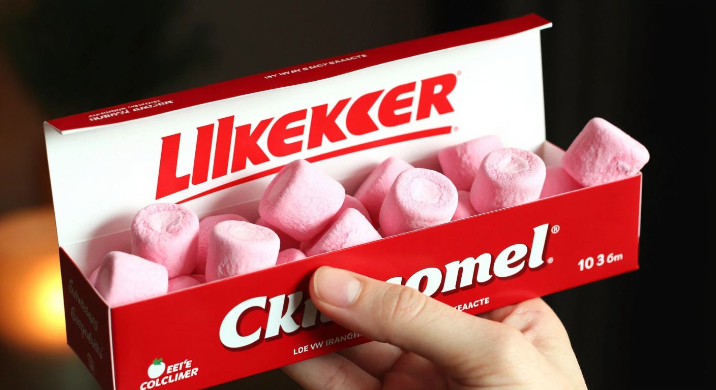 A hand holding an open red-and-white package of Ülker Çokomel, revealing fifteen small strawberry-flavored marshmallow candies neatly arranged inside, with a warm, inviting glow highlighting their soft texture.