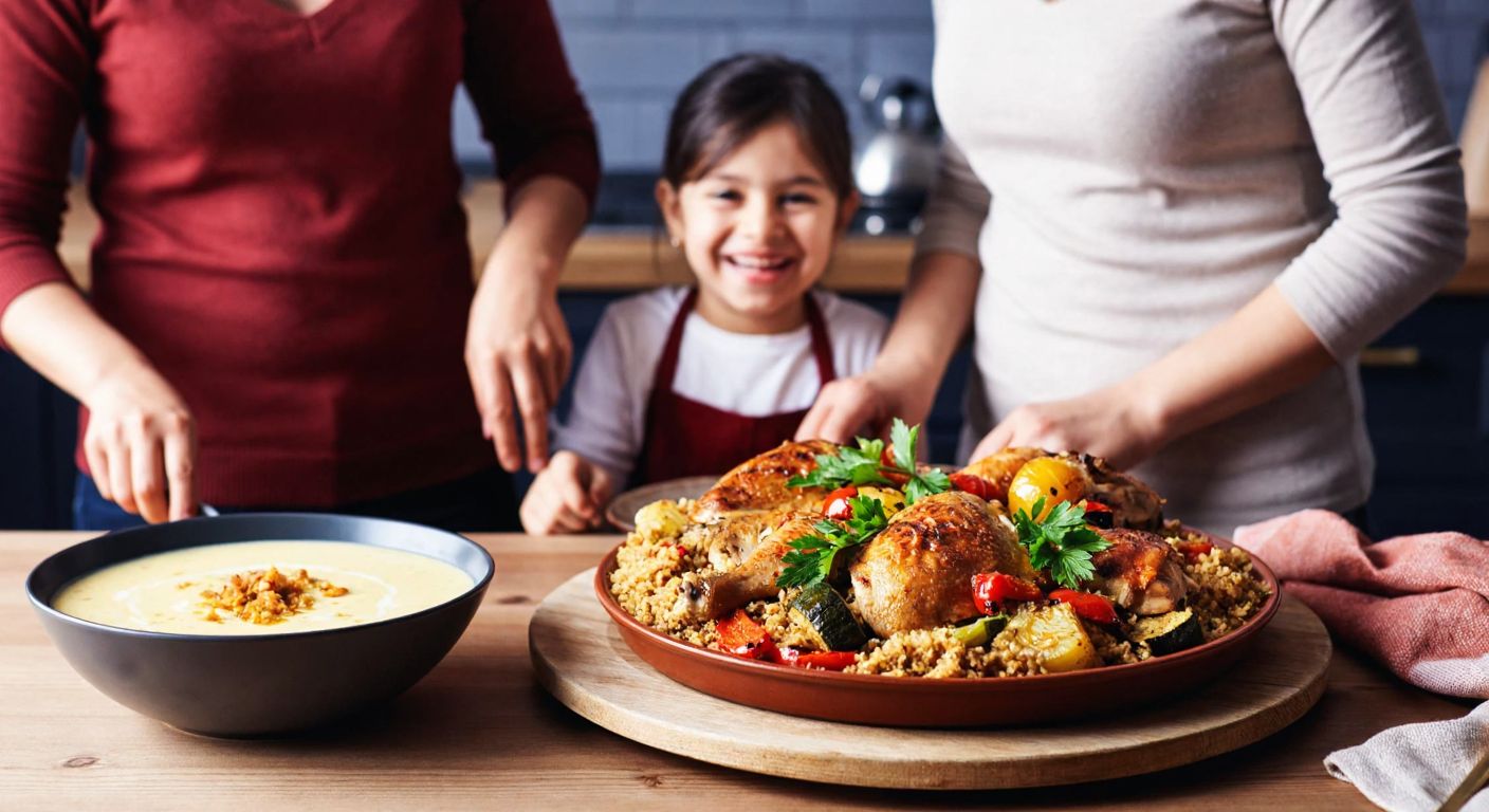 A warm Turkish kitchen scene with a family laughing together as they prepare a colorful meal of roasted chicken, vegetables, and bulgur pilaf on a wooden table, with a bowl of creamy sütlaç waiting nearby.