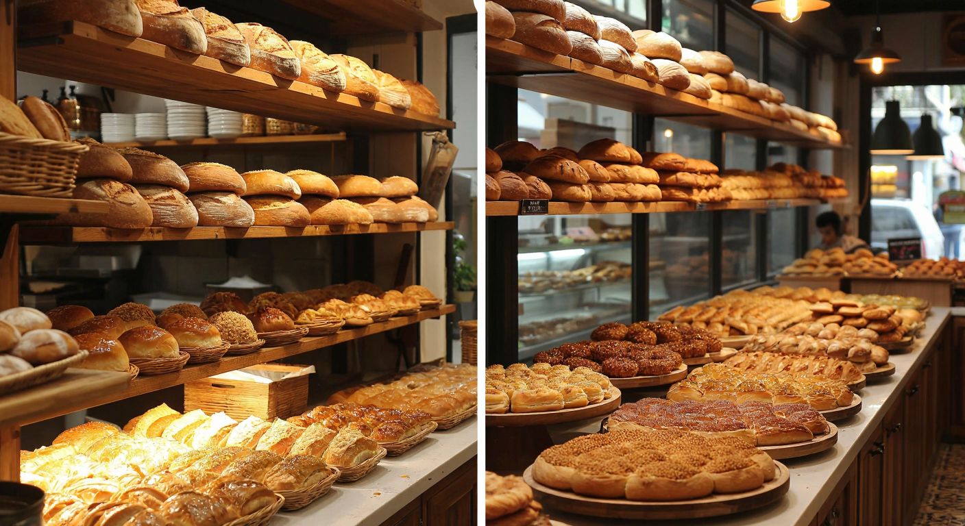 A warm, bustling bakery in Adana with golden loaves of bread stacked on wooden shelves, while a separate image shows a modern Istanbul pastry shop displaying trays of baklava and simit under soft lighting.
