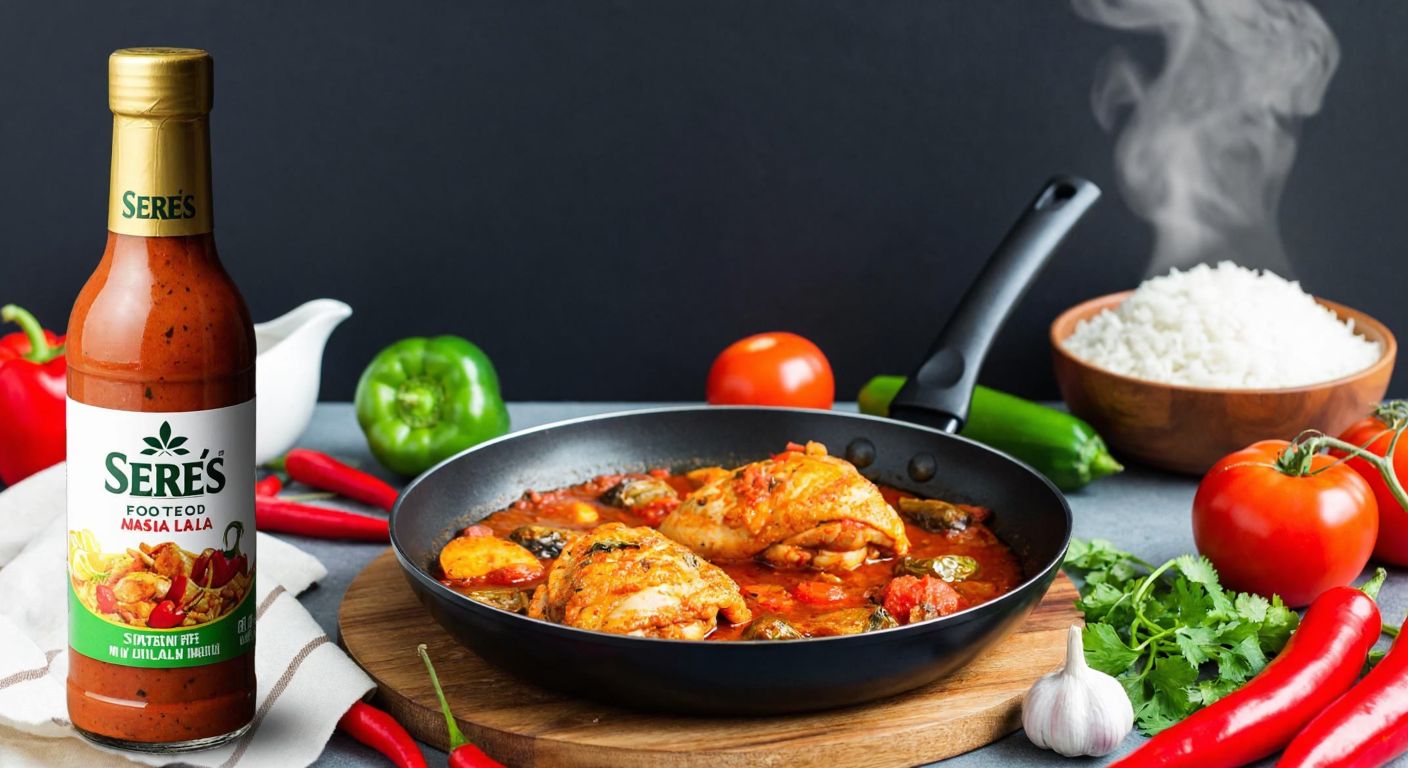 A vibrant Turkish kitchen scene with a bottle of Seres Foods Masala Sauce next to sizzling chicken in a pan, surrounded by fresh vegetables and a bowl of steaming rice, evoking warmth and rich aroma.