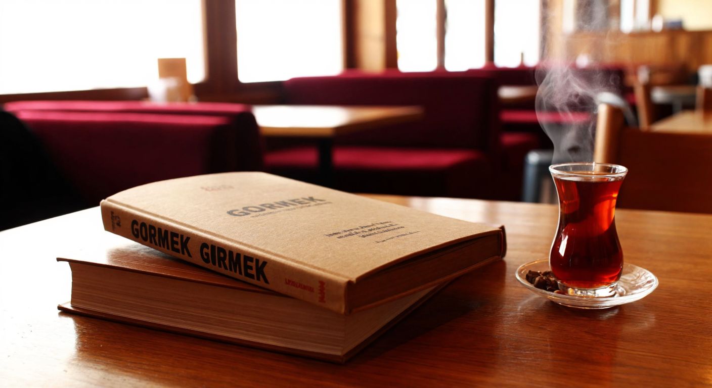 A thick, well-worn book titled "Görmek" lies open on a wooden table in a cozy Turkish café, with steam rising from a small cup of çay beside it.