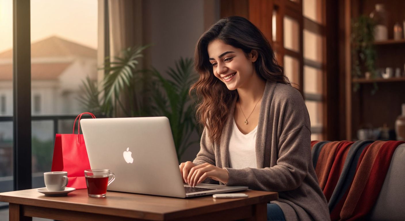 A Turkish woman in a cozy home setting smiles while browsing a laptop screen, surrounded by shopping bags and a steaming cup of çay, with a relaxed posture suggesting financial ease.