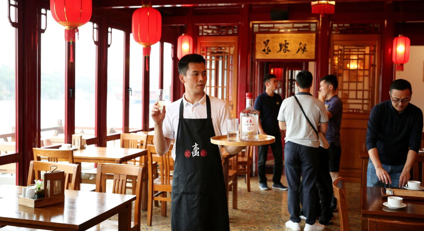 A traditional Chinese restaurant with wooden tables and red lanterns, where a waiter in a black apron holds a tray with a bottle of baijiu and a glass, while a group of customers in casual attire look on curiously.