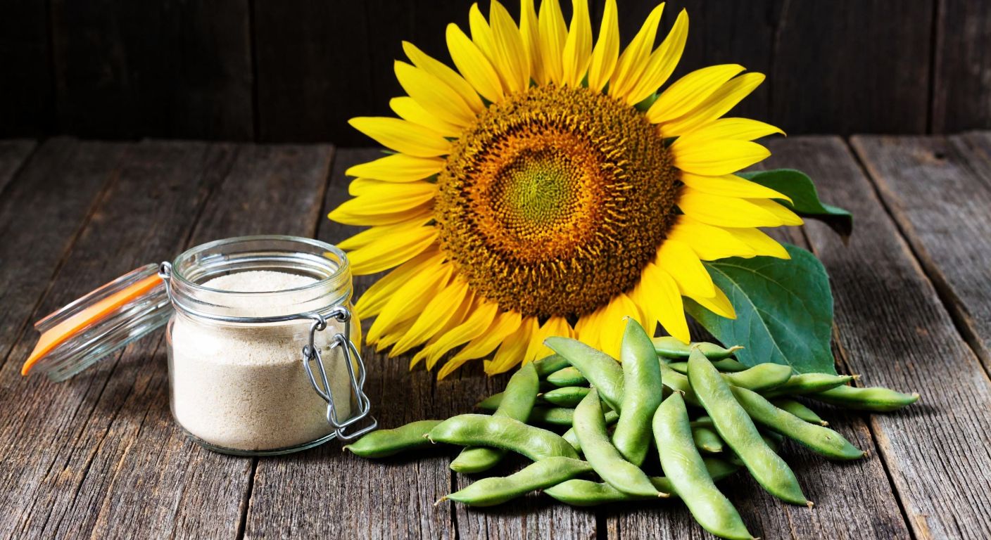 A golden sunflower and green soybeans side by side on a rustic wooden table in a Turkish kitchen, with a clear glass jar of lecithin powder between them.
