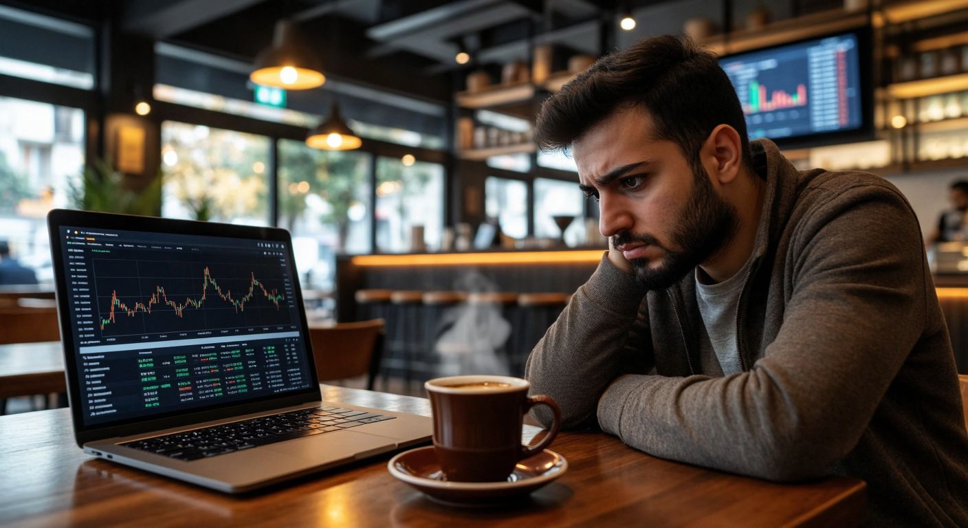 A concerned Turkish investor in a modern café stares at a laptop screen displaying volatile cryptocurrency graphs, while a steaming cup of Turkish coffee sits beside them, reflecting their unease.