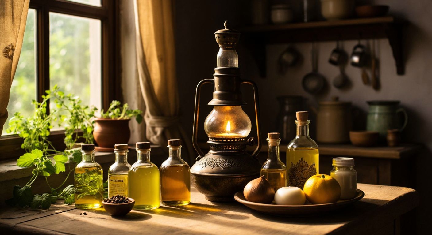 A rustic Turkish kitchen table holds a traditional oil lamp surrounded by small glass bottles of olive oil, sunflower oil, coconut oil, and walnut oil, with a natural beeswax candle glowing softly beside them.