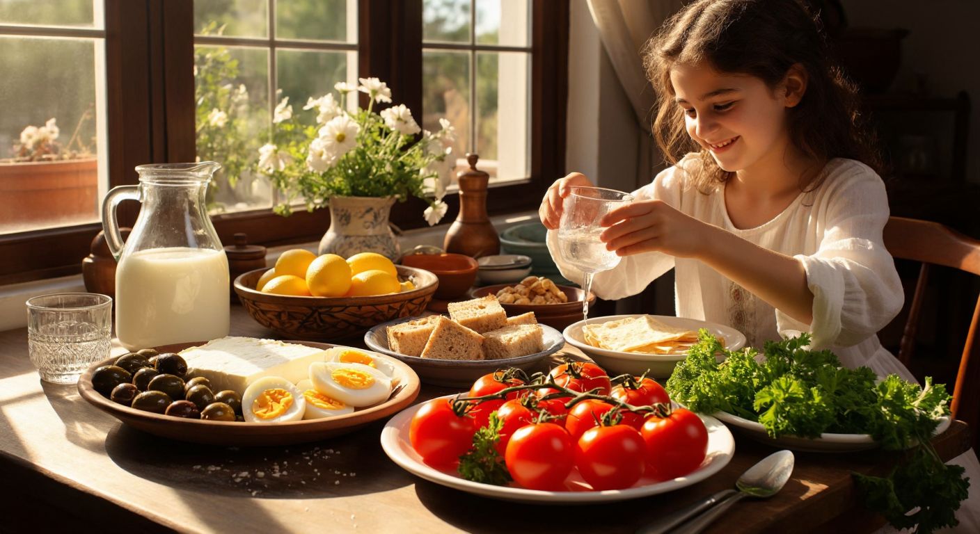 A sunlit Turkish breakfast table with a spread of white cheese, olives, boiled eggs, whole wheat bread, walnuts, and fresh tomatoes and cucumbers, while a smiling teenager pours water from a glass pitcher.