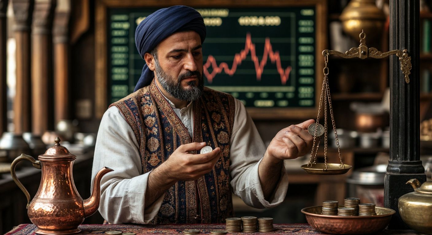 A thoughtful Turkish person in a traditional bazaar setting, holding a small stack of coins in one hand and a golden scale in the other, with a backdrop of fluctuating market graphs subtly reflected in a nearby copper teapot.