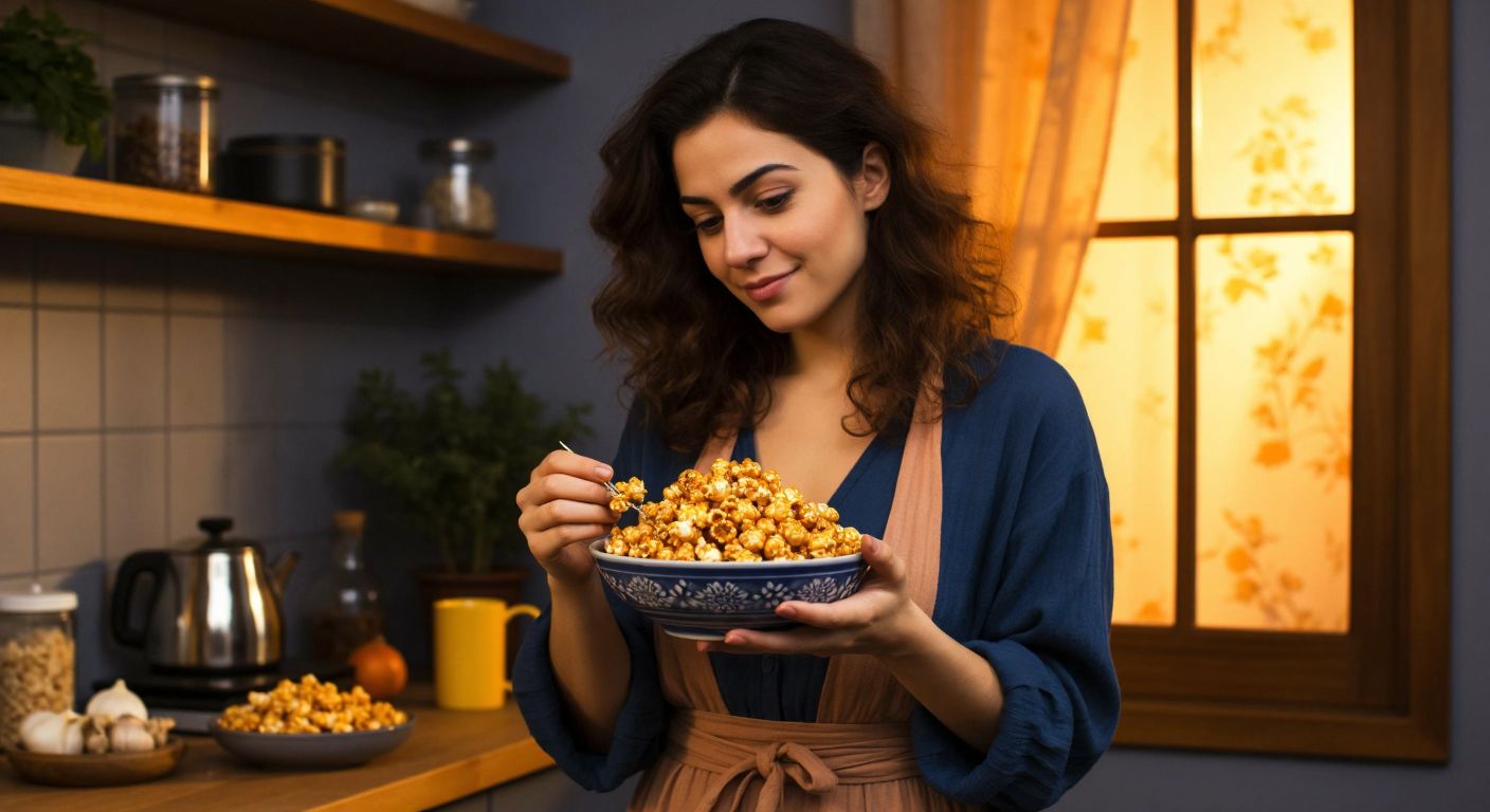 A Turkish woman in a cozy home setting hesitantly holds a small bowl of golden, caramel-glazed popcorn while glancing at a kitchen scale, reflecting mindful portion control.