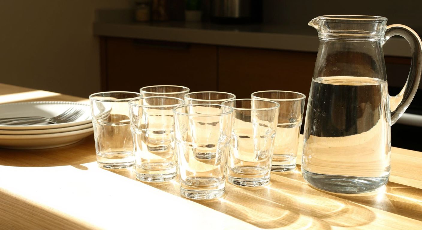 A neatly arranged set of six sleek, transparent glass cups on a wooden table in a sunlit Turkish kitchen, with a pitcher of water nearby reflecting the light.