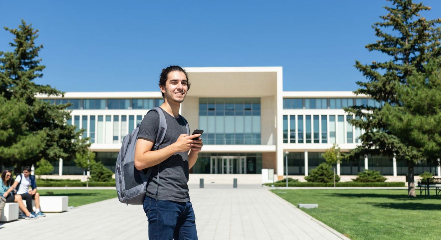 A young student with a backpack stands confidently in front of a modern university building in Eskişehir, holding a smartphone while smiling, with a clear blue sky and green campus trees in the background.