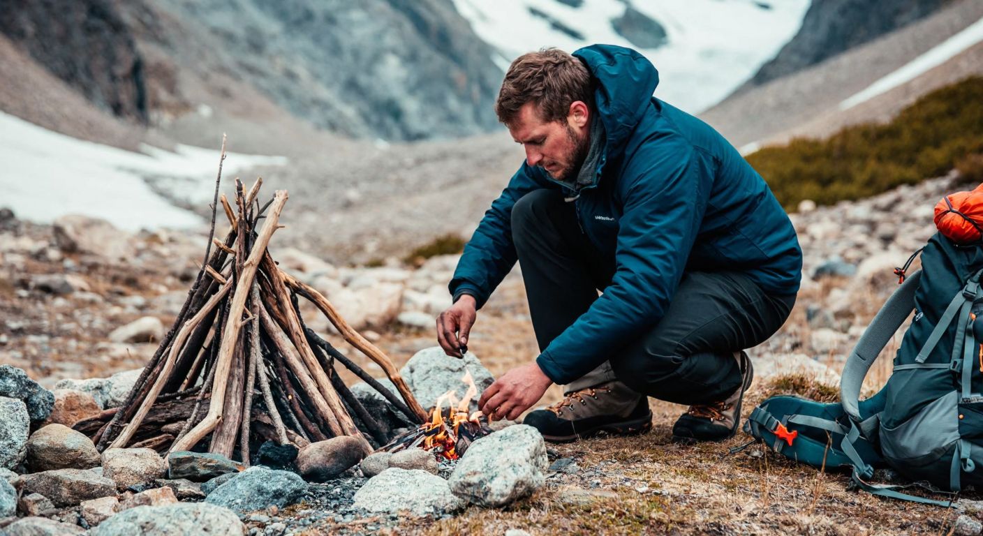 A rugged mountaineer in a thick jacket kneels by a small fire in a rocky alpine setting, carefully holding a lighter to dry twigs while a backpack with climbing gear rests nearby.