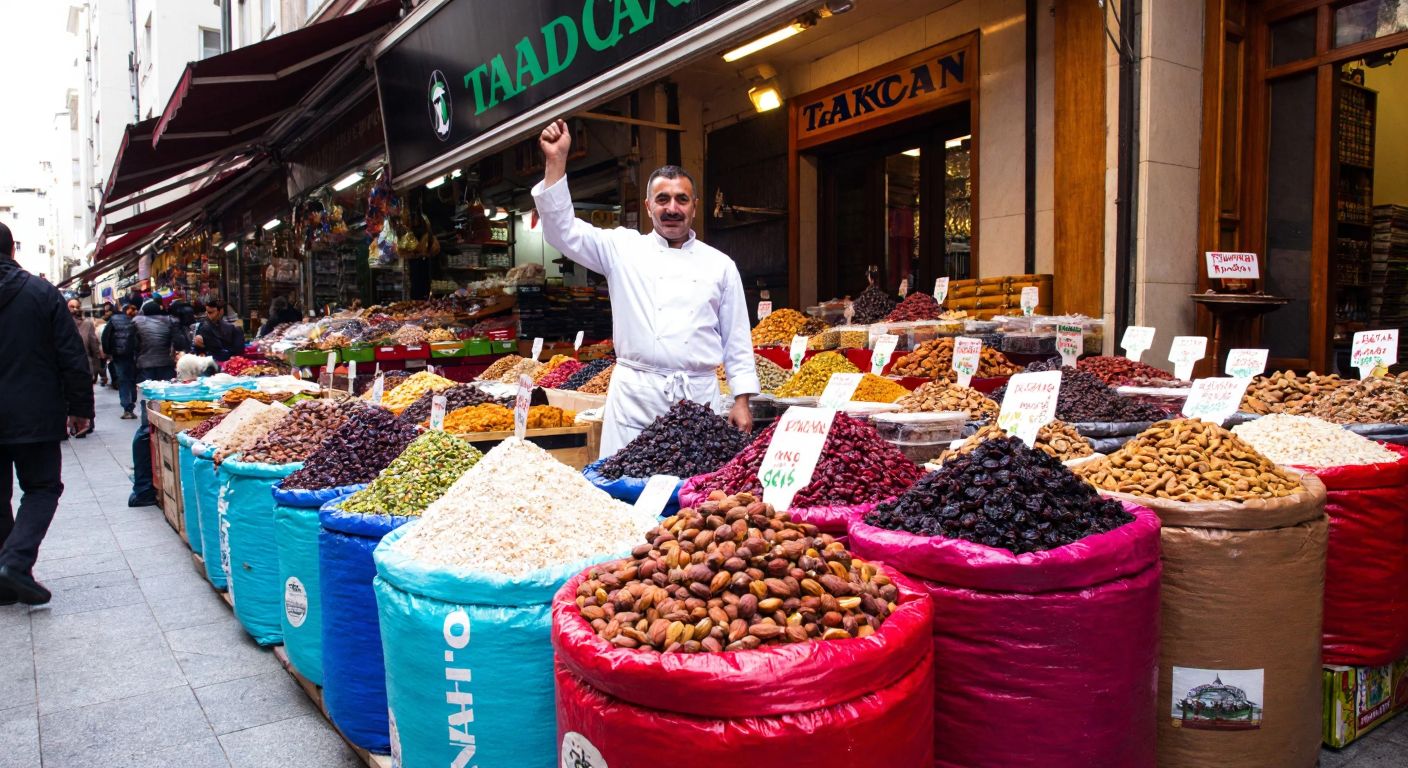A bustling Istanbul marketplace with colorful sacks of nuts and dried fruits stacked high, while a proud Turkish vendor in a white apron gestures warmly toward the Tadıcan brand sign.