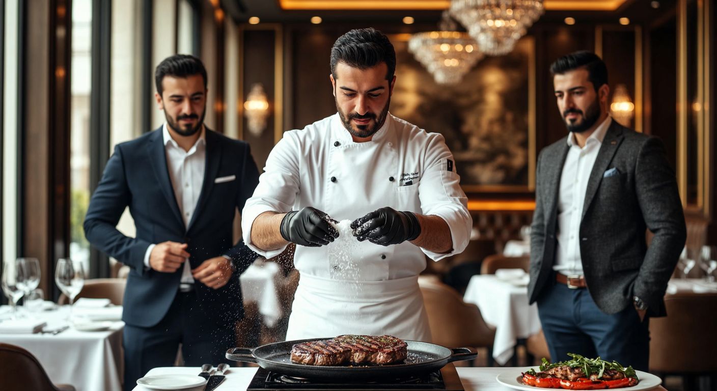A confident Turkish chef in a crisp white apron and black gloves dramatically sprinkles salt over a sizzling steak, surrounded by elegant dining tables in a high-end restaurant, while two well-dressed businessmen—one in a sharp suit and the other in a stylish blazer—observe approvingly from the background.
