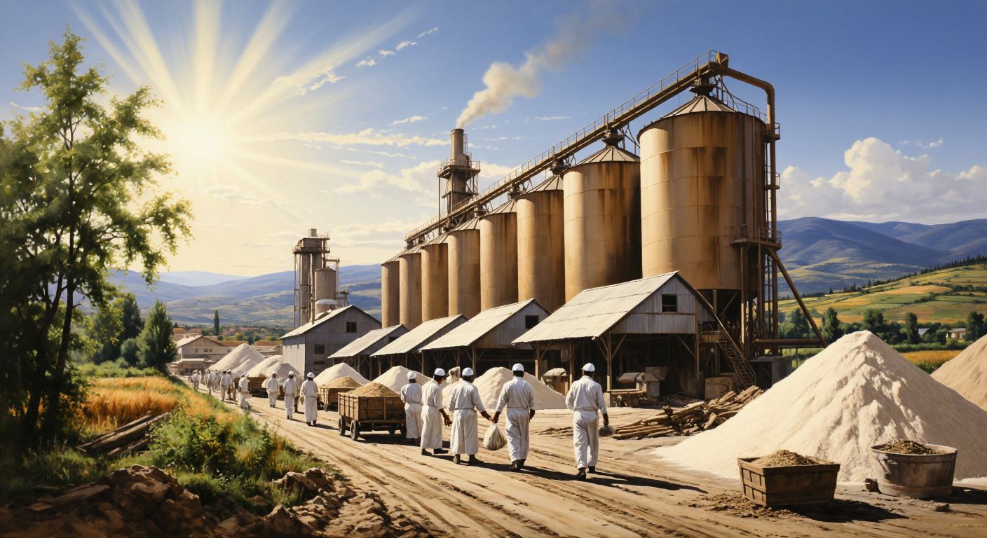 A large industrial flour mill with silos and conveyor belts under a bright sky, set against the rolling hills of Ankara, with workers in white uniforms and hard hats moving sacks of flour.