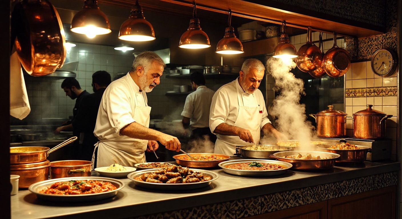 A bustling mid-century Turkish eatery in Çanakkale, with steaming trays of home-style dishes, an elderly chef in a white apron serving customers, and warm golden light reflecting off copper pots.