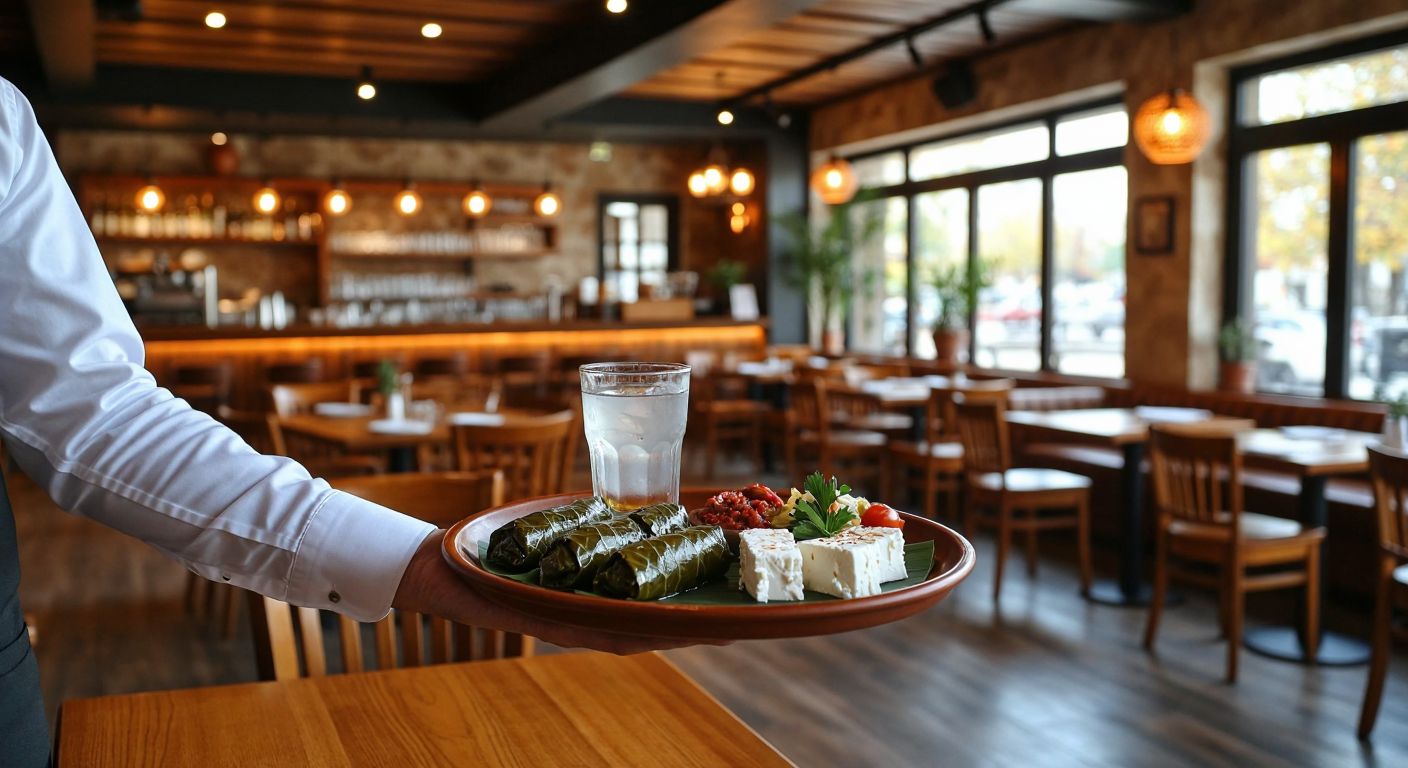 A cozy Turkish restaurant with wooden tables, warm lighting, and a waiter holding a tray with a glass of rakı and meze dishes like stuffed grape leaves and white cheese.