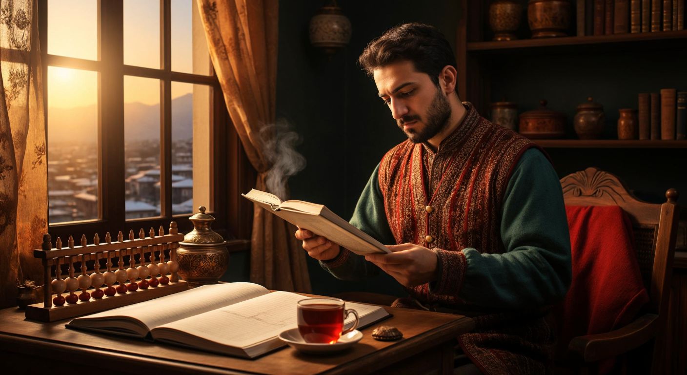 A Turkish person in a cozy home setting thoughtfully holds a traditional wooden abacus while a calendar with tear-off pages lies open on a table beside a steaming cup of çay.