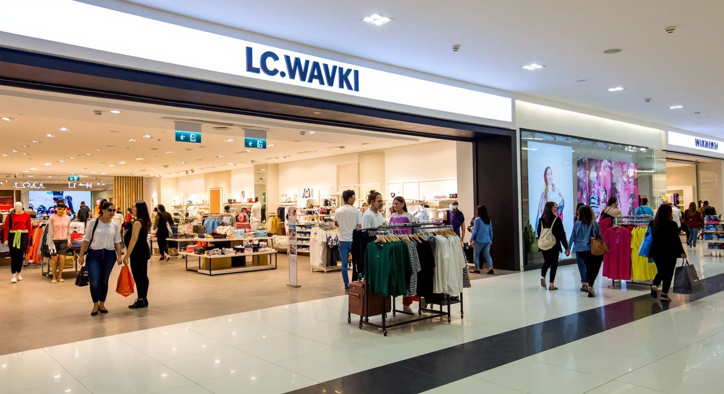 A bustling shopping mall in Adana with a bright LC Waikiki store on the ground floor, surrounded by shoppers carrying bags and colorful clothing displays.