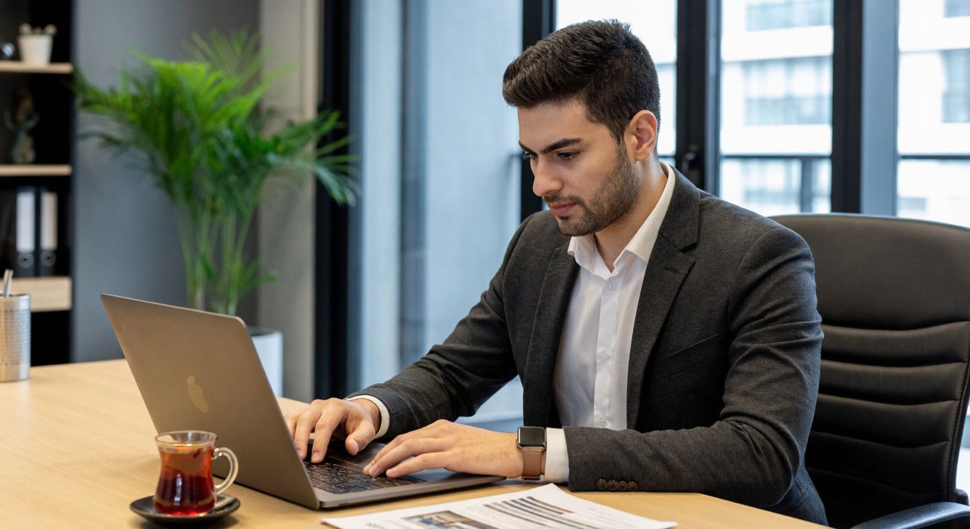 A young professional in a modern Turkish office, confidently clicking a laptop trackpad with a focused expression, while a neatly organized desk holds a steaming cup of Turkish tea and a printed CV.