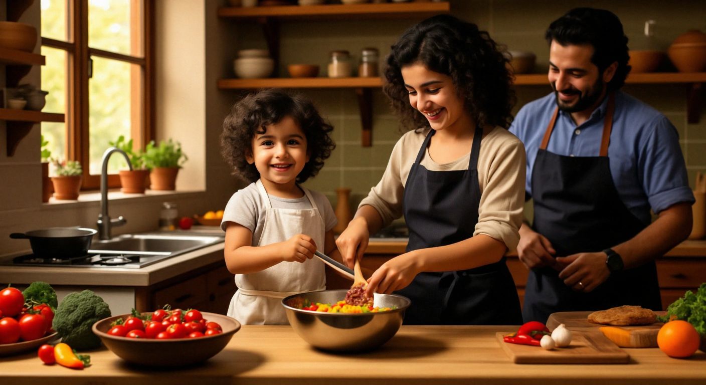 A smiling Turkish child with dark curly hair stands on a wooden kitchen tower, stirring a bowl of colorful ingredients on a countertop while a parent in an apron watches warmly nearby.