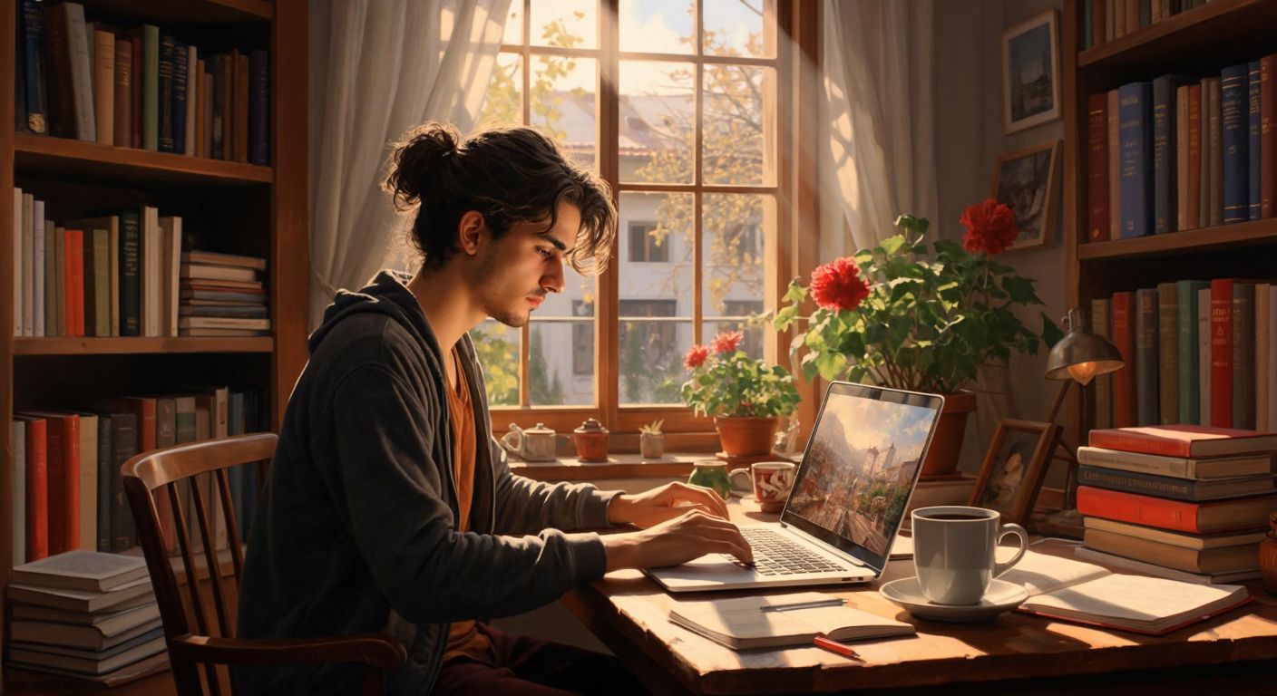 A young Turkish writer sitting at a wooden desk by a sunlit window, typing on a laptop with a steaming cup of çay beside them, surrounded by scattered notebooks and a bookshelf filled with colorful Turkish literature.