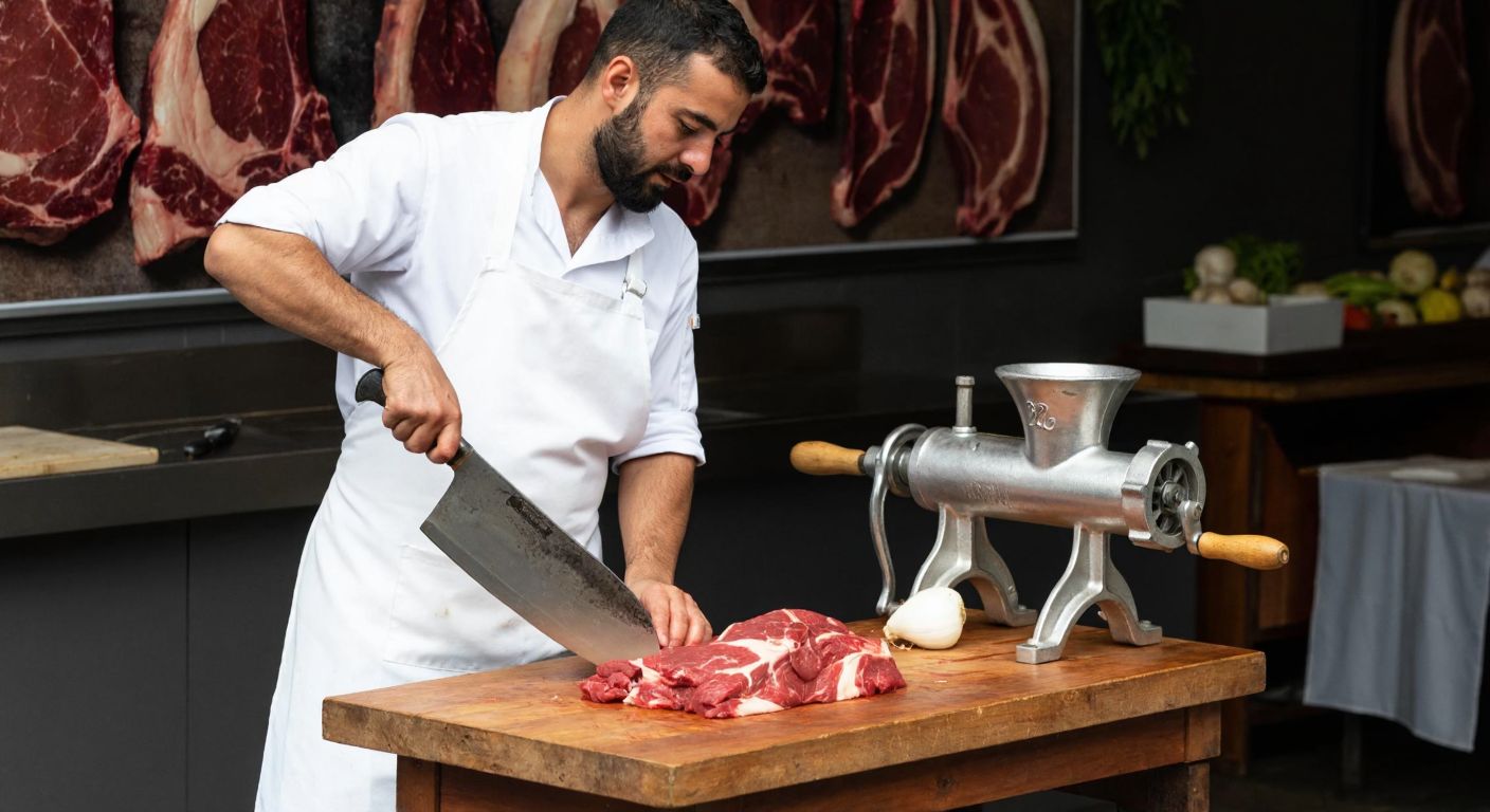 A Turkish butcher in a white apron skillfully chopping meat with a large curved zırh knife on a wooden block, while a mechanical meat grinder sits unused nearby, emphasizing the contrast between traditional and modern methods.