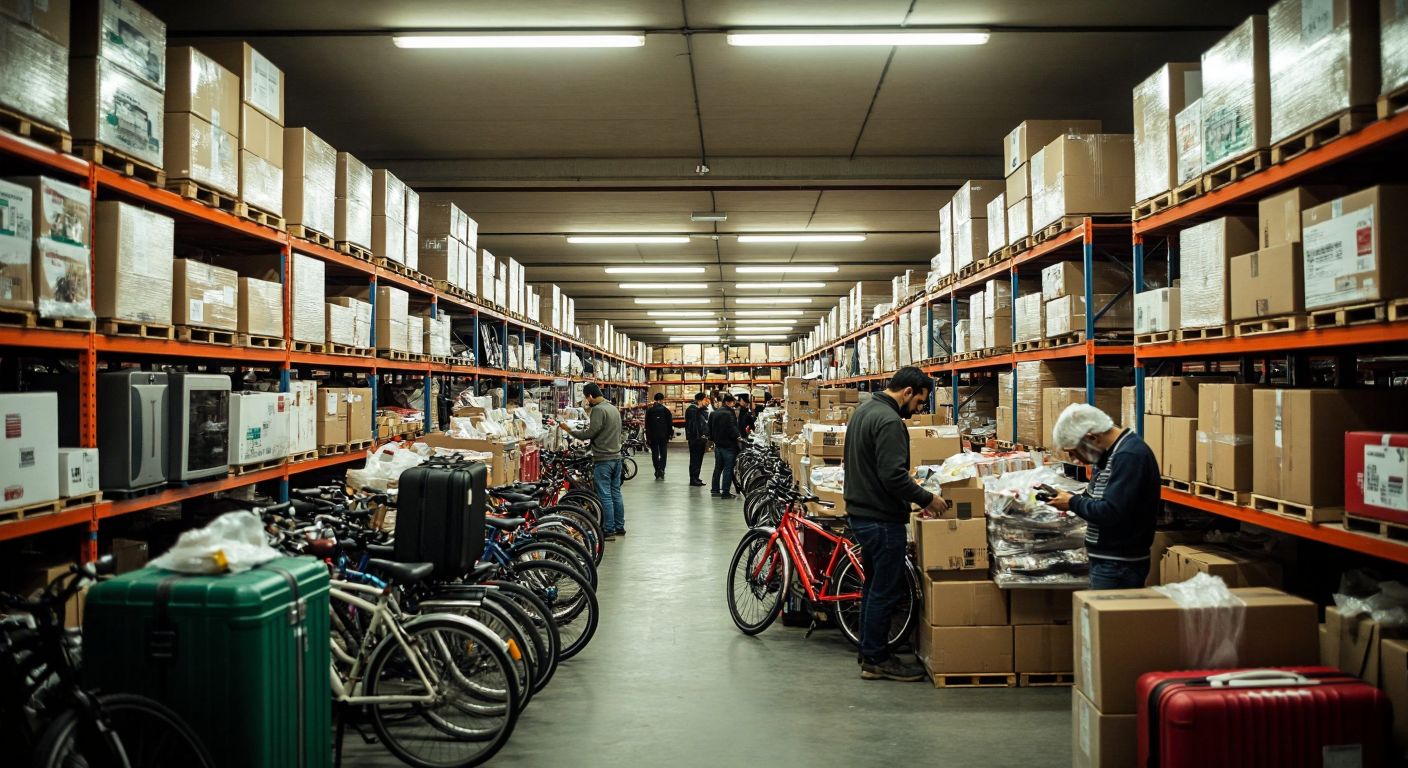 A bustling Turkish customs warehouse with stacks of seized goods like bicycles, electronics, and unclaimed luggage under bright fluorescent lights, as people in casual attire browse through the items.