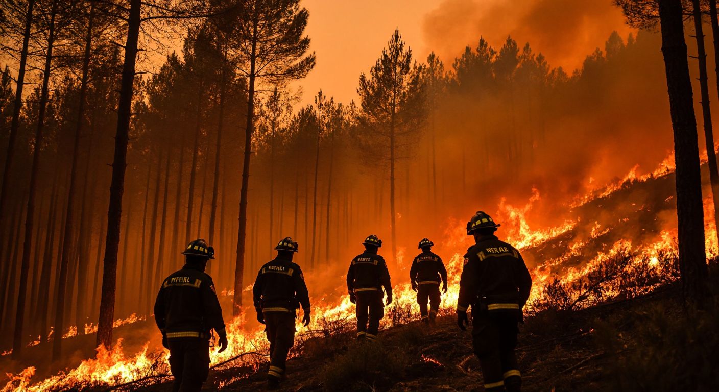 A dense forest engulfed in flames under a smoky orange sky, with a group of determined Turkish firefighters in uniform battling the blaze, their faces smudged with ash and expressions of urgency.