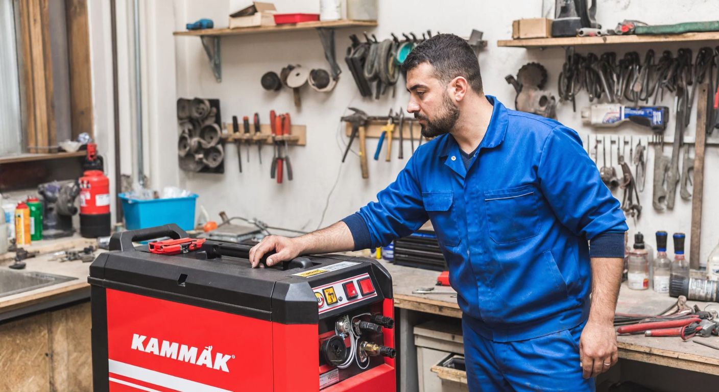 A handyman in a blue work uniform carefully inspects a Kammak radiator cleaning machine in a cluttered Turkish workshop, surrounded by tools and spare parts, with a thoughtful expression.