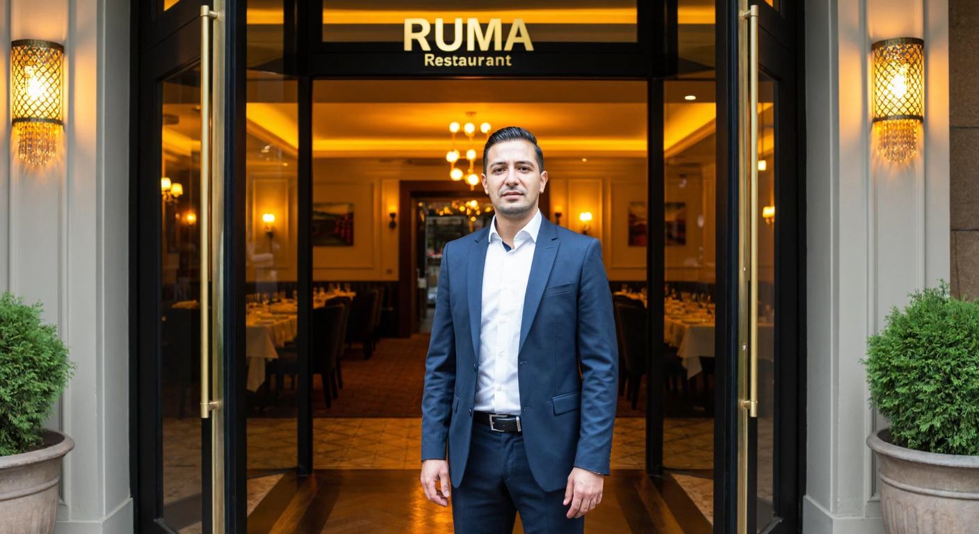 A well-dressed Turkish businessman in a sleek suit stands proudly in front of Ruma Restaurant’s elegant entrance, with warm lighting reflecting off the polished glass doors and a hint of traditional Turkish decor in the background.