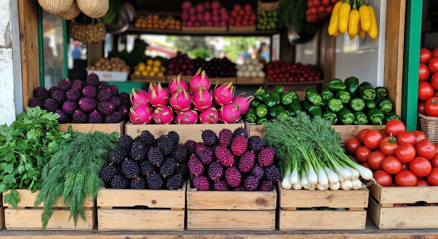 A vibrant wooden market stall in Turkey displays fresh clusters of purple mulberries, a spiky pink dragon fruit, golden medlars, tamarind pods, wild medlars, bunches of dill, ripe red tomatoes, stuffed green peppers, samphire greens, and white daikon radishes.