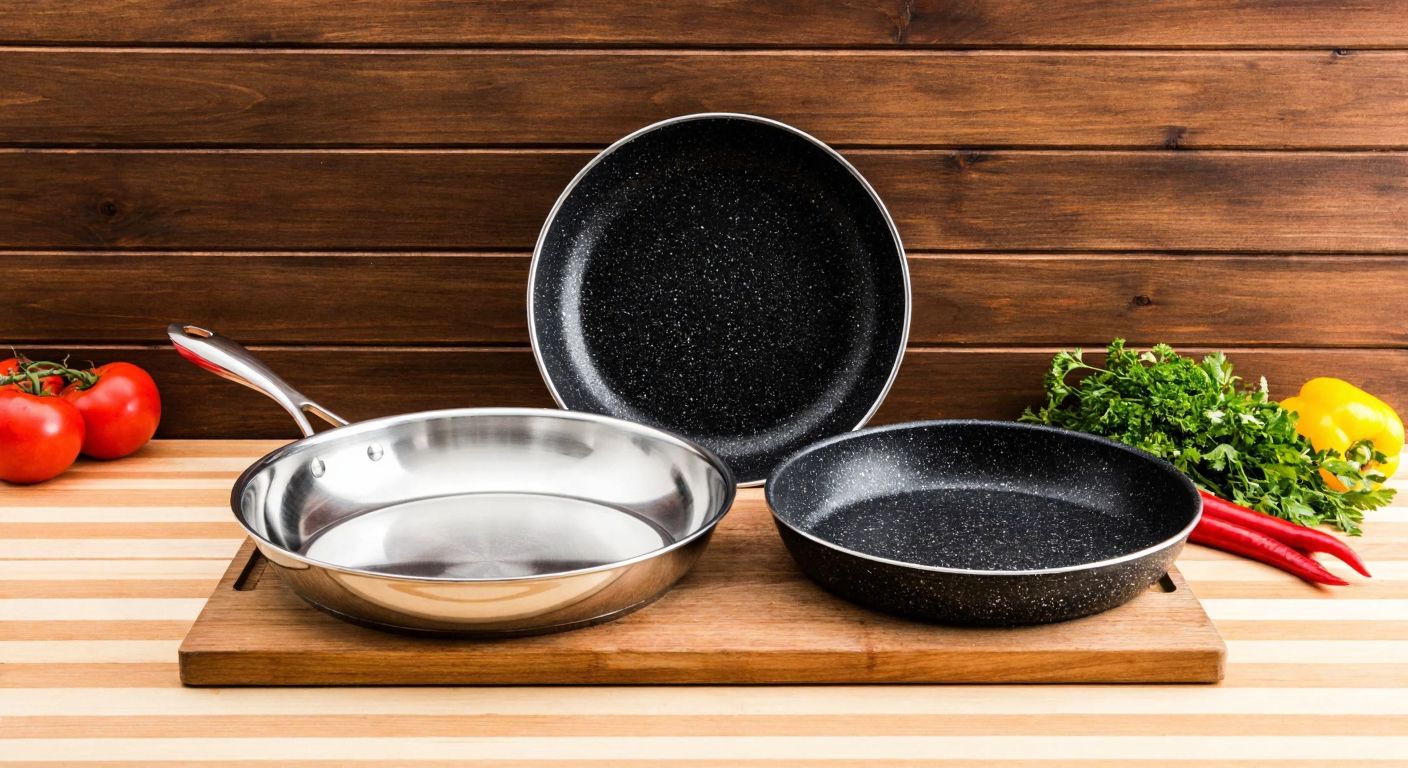 A gleaming stainless steel pan and a sleek black granite-coated pan sit side by side on a rustic wooden kitchen counter in Turkey, with fresh vegetables and herbs nearby, evoking warmth and culinary tradition.