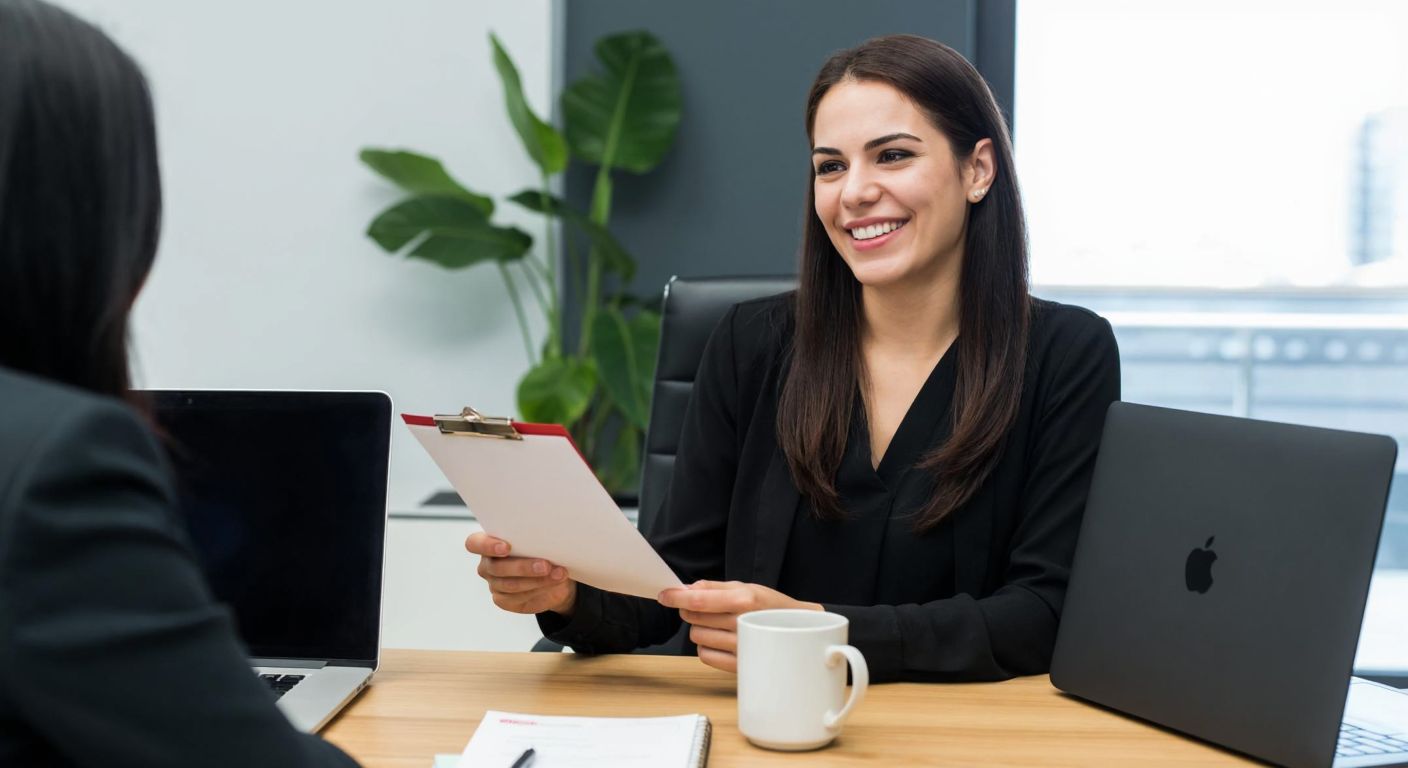 A Turkish businesswoman in a modern office smiles warmly while handing a feedback form to a colleague, with a laptop and coffee cup on the desk beside them.