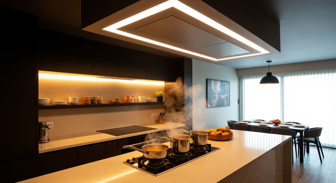 A modern Turkish kitchen with sleek, moisture-resistant PVC ceiling panels, integrated LED lighting, and a warm, inviting atmosphere where steam rises from a simmering pot of çorba on the stove.