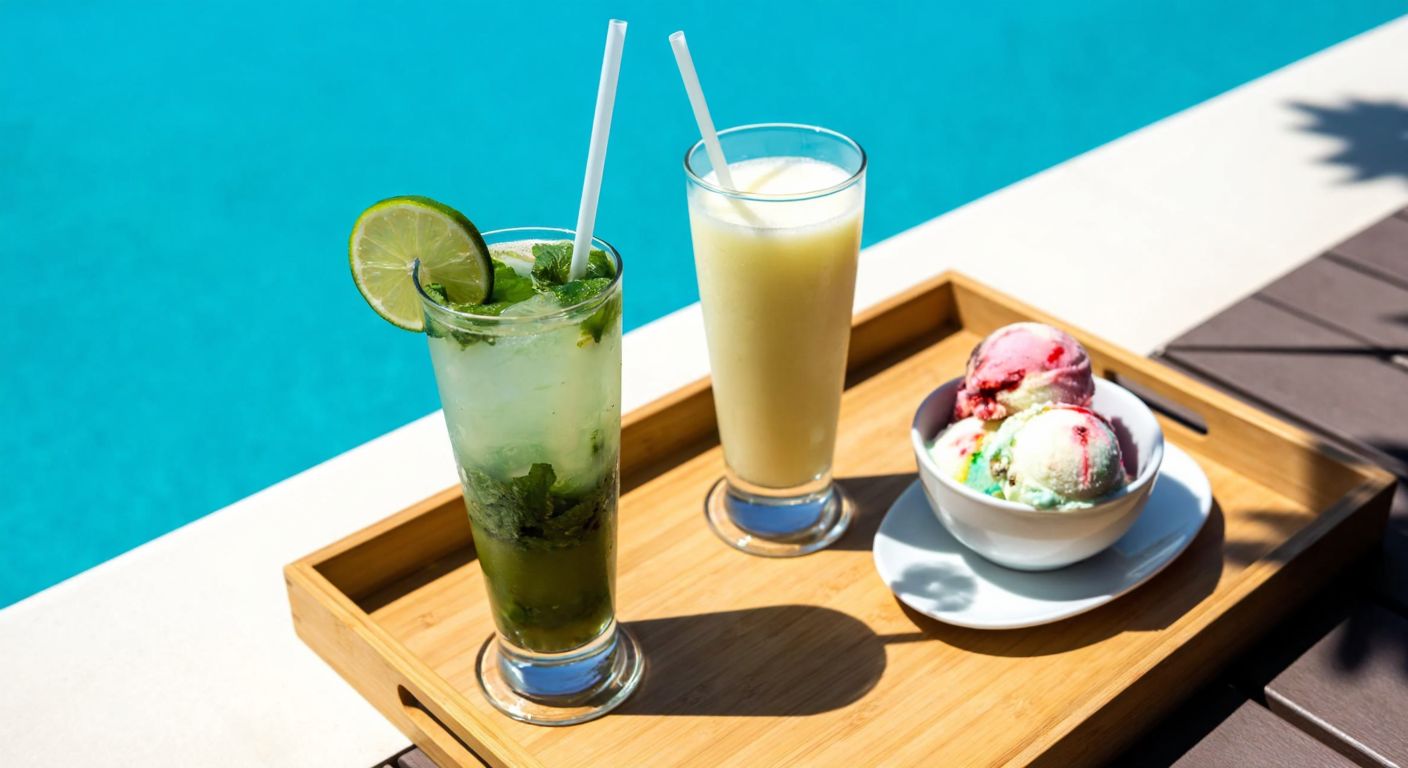 A sunlit poolside scene in Turkey with a mojito and pina colada in tall glasses, a scoop of colorful ice cream in a bowl, and a small plate of chilled almonds, all resting on a wooden tray beside a turquoise pool.